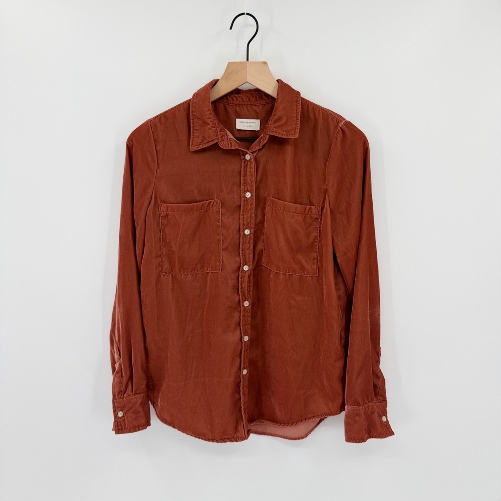 Vintage Style Corduroy Velvet Button Down Top XS Rust Orange Boho Fall Fashion
